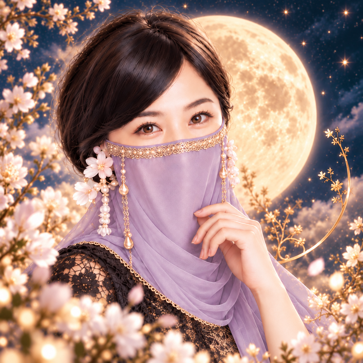 満月と花に包まれた、淡い紫のヴェールをまとった占い師・美月