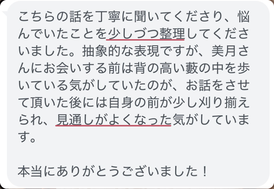 こちらの話を丁寧に聞いてくださり、悩んでいたことを少しづつ整理してくださいました。抽象的な表現ですが、美月さんにお会いする前は背の高い藪の中を歩いている気がしていたのが、お話をさせて頂いた後には自身の前が少し刈り揃えられ、見通しがよくなった気がしています。

本当にありがとうございました！